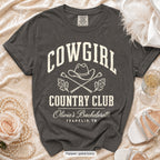 Pepper Cowgirl Country Club bachelorette crew t-shirt, print in ivory