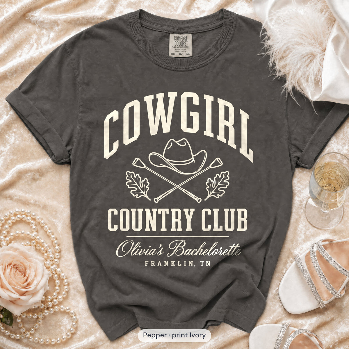 Pepper Cowgirl Country Club bachelorette crew t-shirt, print in ivory