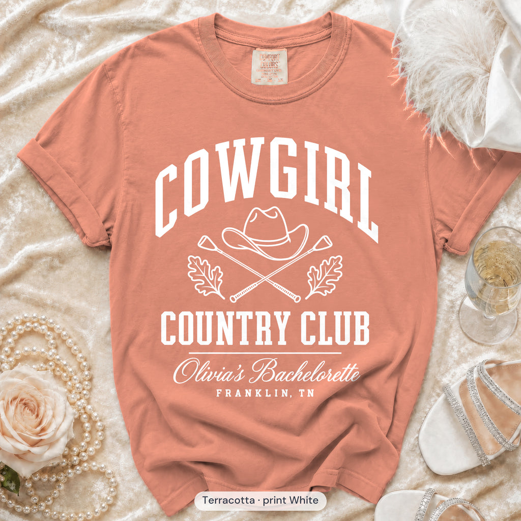 Terracotta Cowgirl Country Club bachelorette crew t-shirt, print in white