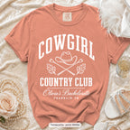 Terracotta Cowgirl Country Club bachelorette crew t-shirt, print in white