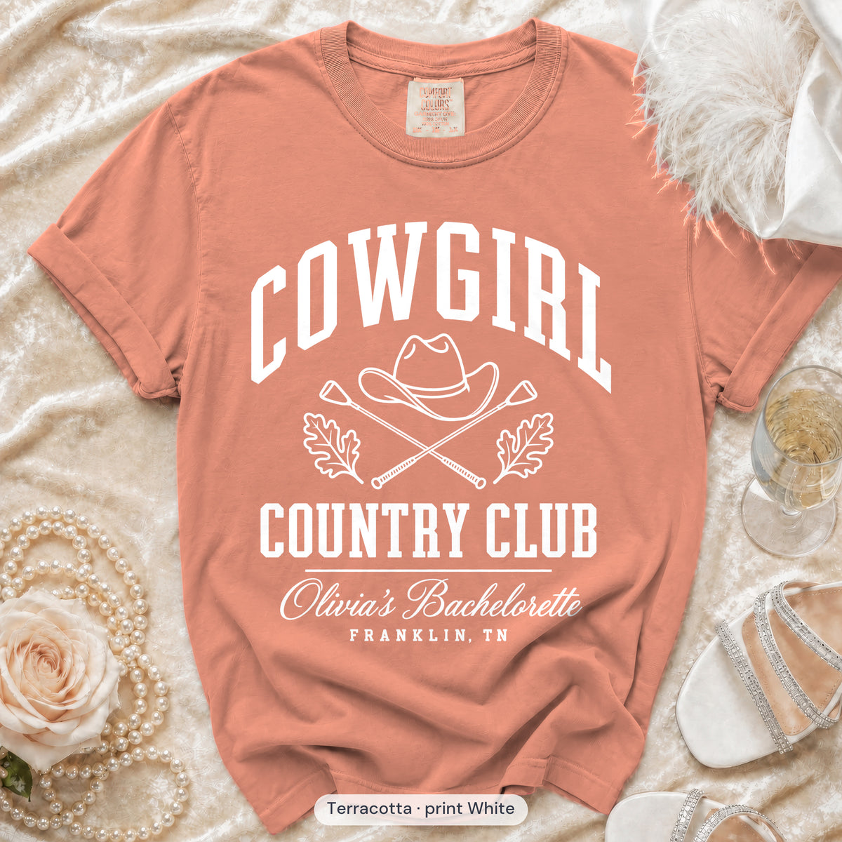 Terracotta Cowgirl Country Club bachelorette crew t-shirt, print in white