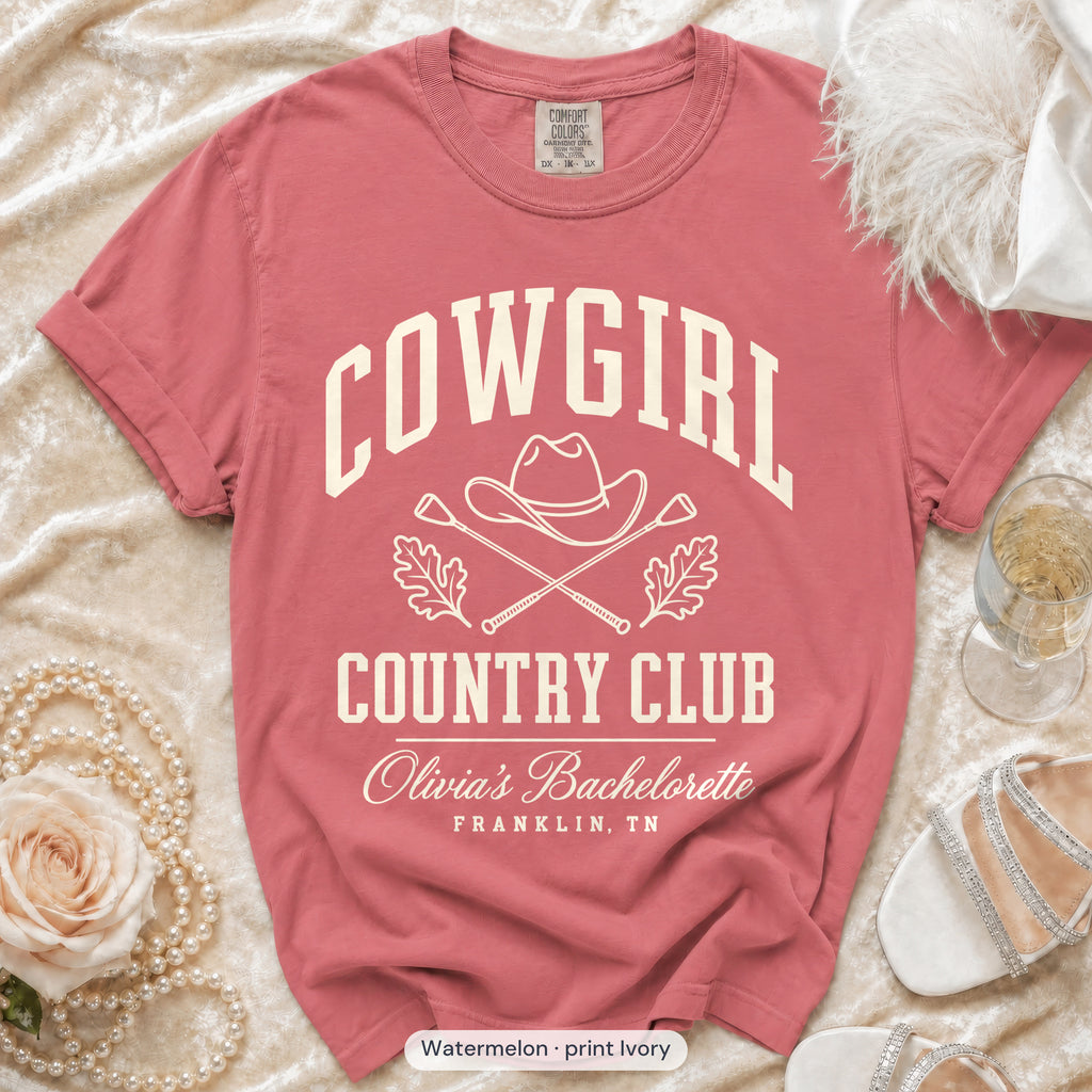 Watermelon Cowgirl Country Club bachelorette crew t-shirt, print in ivory