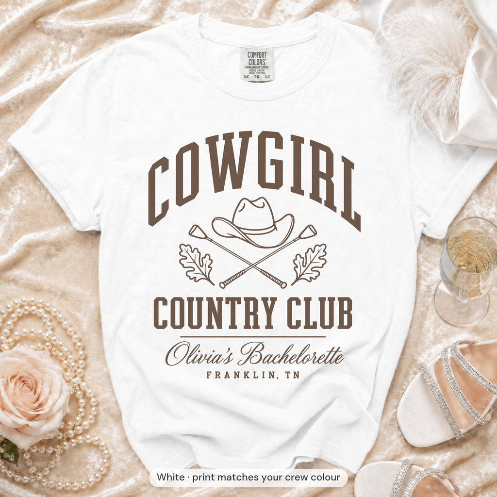 White Cowgirl Country Club bride t-shirt, print matches your crew colour