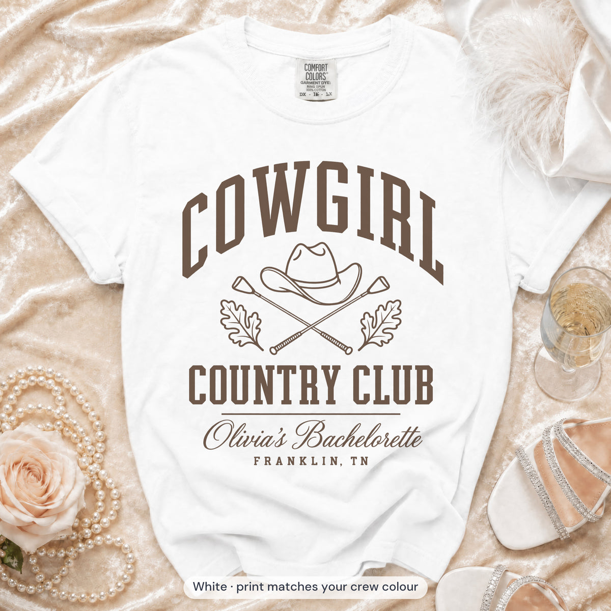 White Cowgirl Country Club bride t-shirt, print matches your crew colour