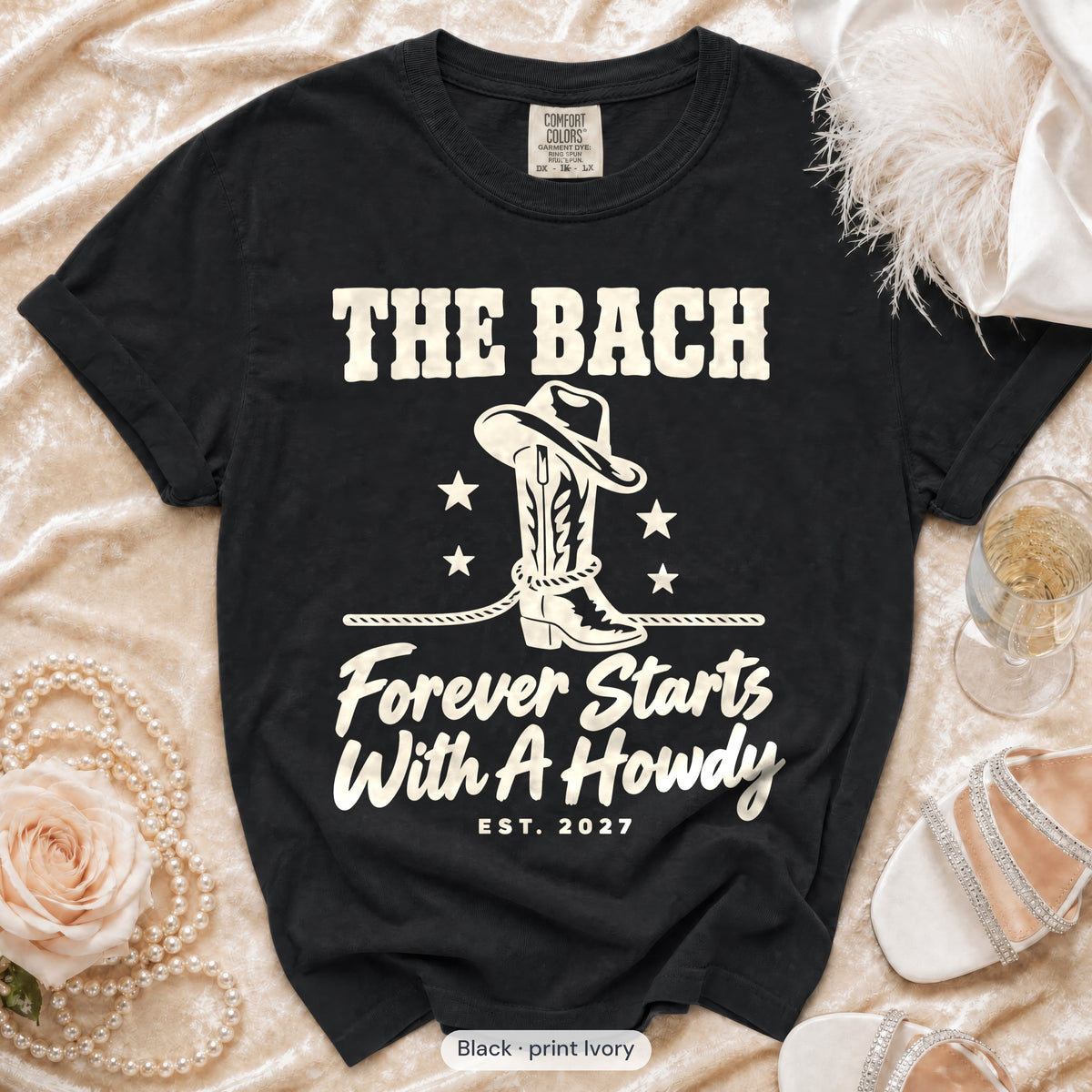 Black Forever Starts With A Howdy bachelorette crew t-shirt, print in ivory