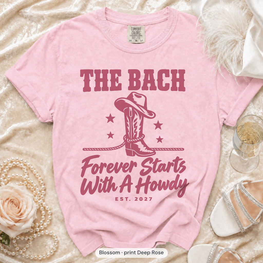 Blossom Forever Starts With A Howdy bachelorette crew t-shirt, print in deep rose