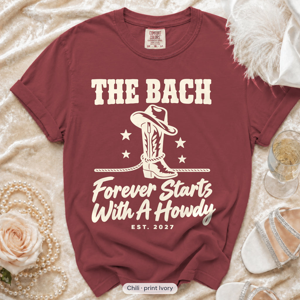 Chili Forever Starts With A Howdy bachelorette crew t-shirt, print in ivory
