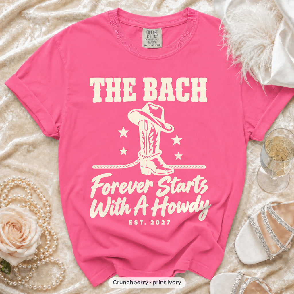 Crunchberry Forever Starts With A Howdy bachelorette crew t-shirt, print in ivory