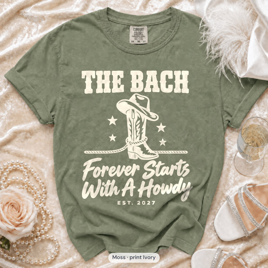 Moss Forever Starts With A Howdy bachelorette crew t-shirt, print in ivory