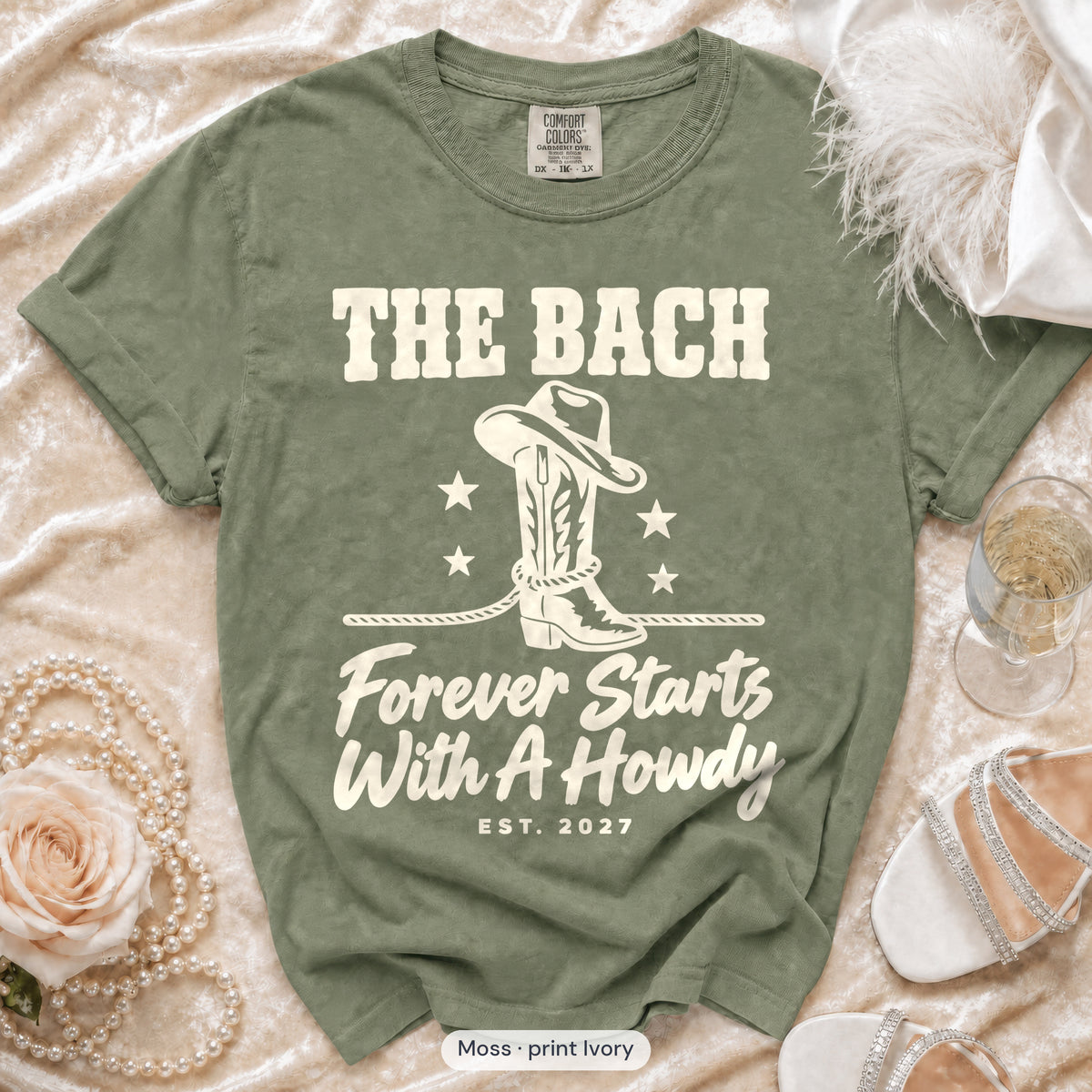 Moss Forever Starts With A Howdy bachelorette crew t-shirt, print in ivory