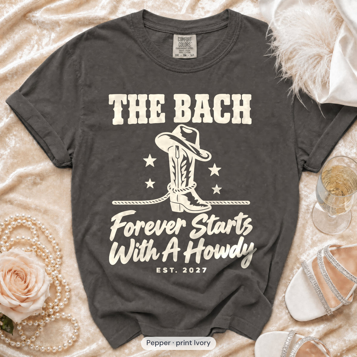 Pepper Forever Starts With A Howdy bachelorette crew t-shirt, print in ivory