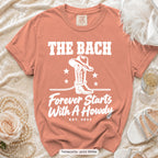 Terracotta Forever Starts With A Howdy bachelorette crew t-shirt, print in white