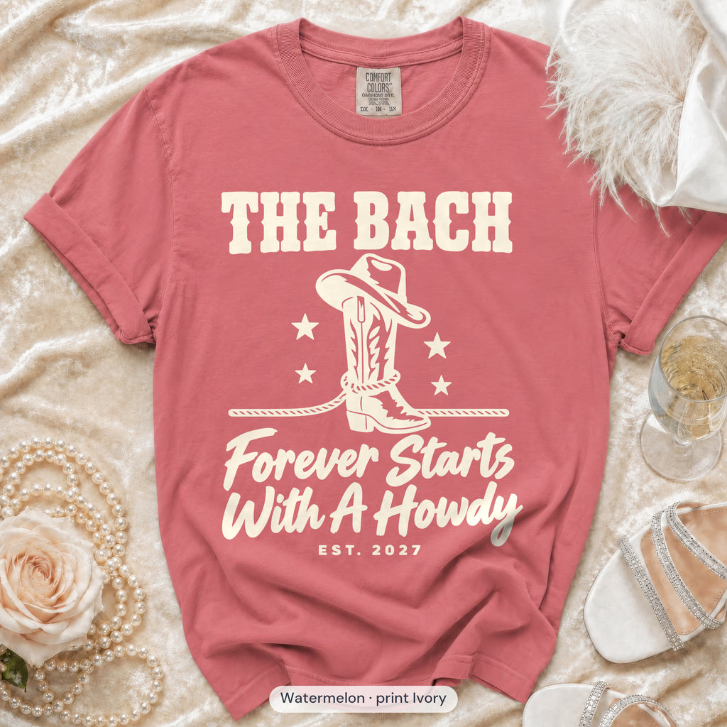 Watermelon Forever Starts With A Howdy bachelorette crew t-shirt, print in ivory
