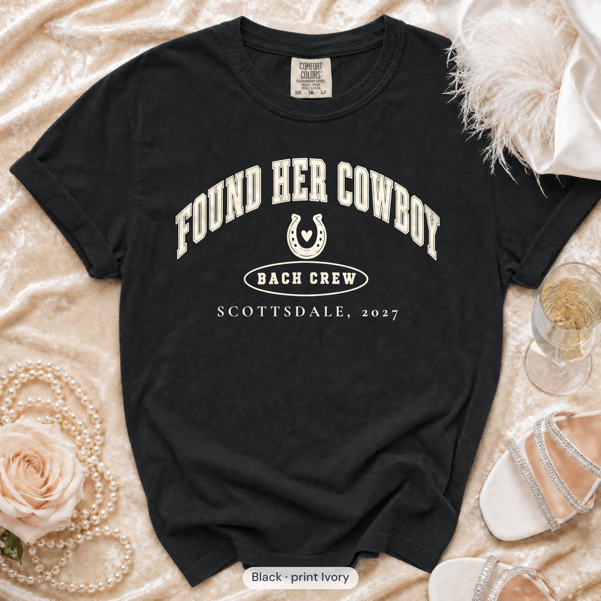 Black Found Her Cowboy bachelorette crew t-shirt, print in ivory