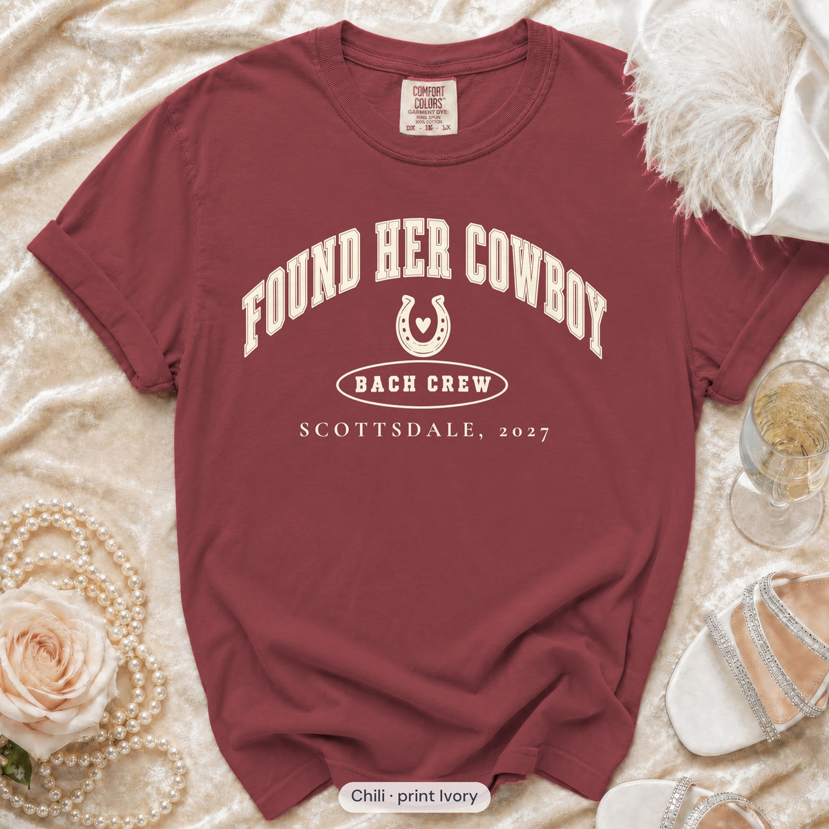 Chili Found Her Cowboy bachelorette crew t-shirt, print in ivory