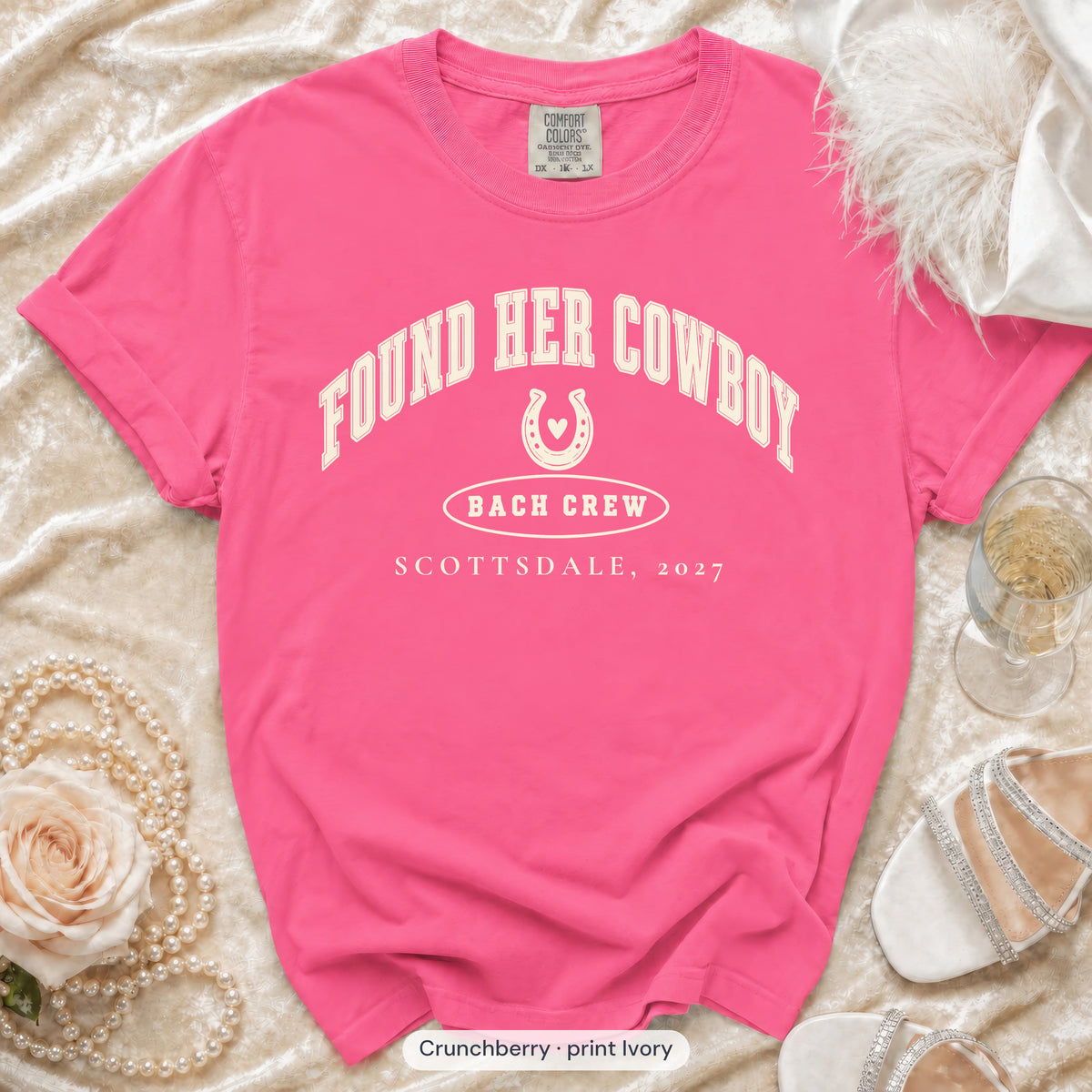 Crunchberry Found Her Cowboy bachelorette crew t-shirt, print in ivory