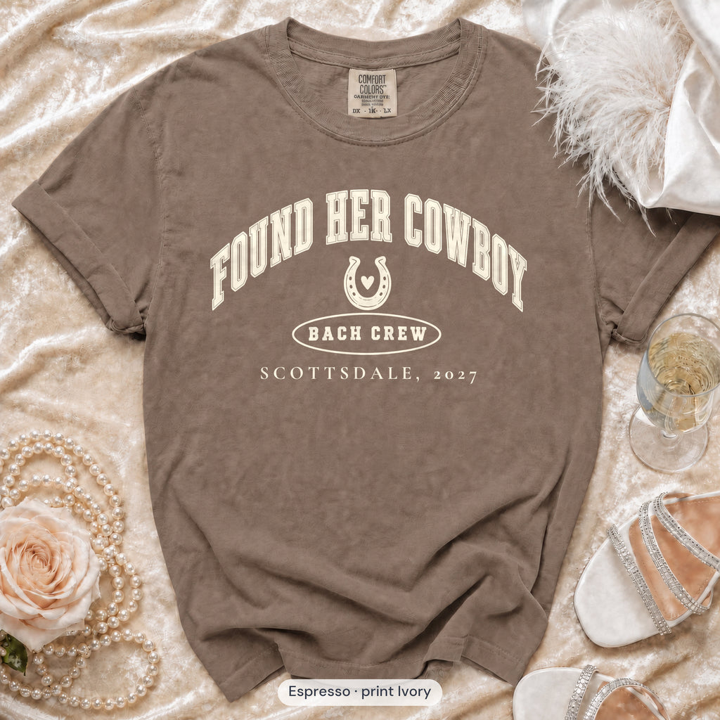 Espresso Found Her Cowboy bachelorette crew t-shirt, print in ivory