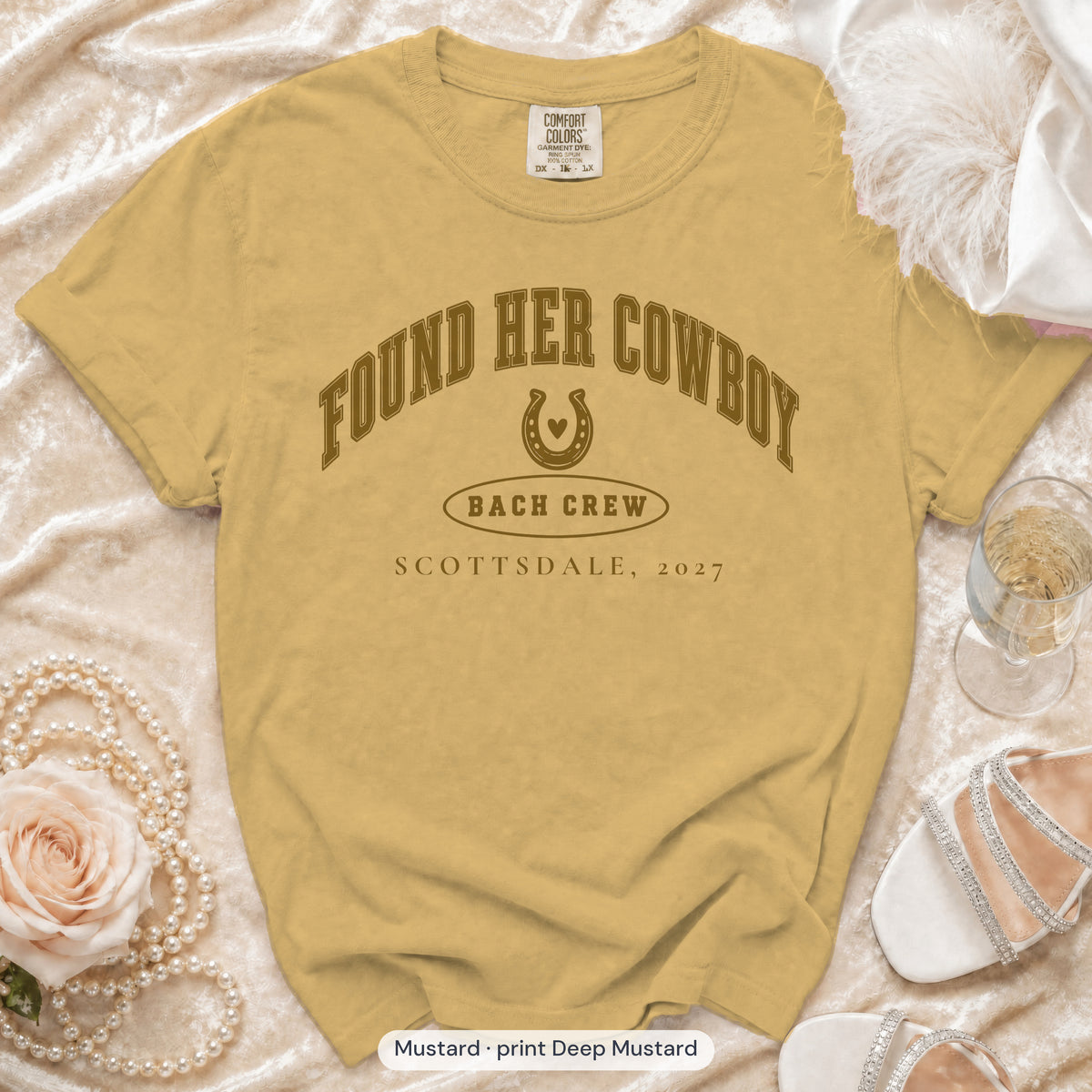 Mustard Found Her Cowboy bachelorette crew t-shirt, print in deep mustard