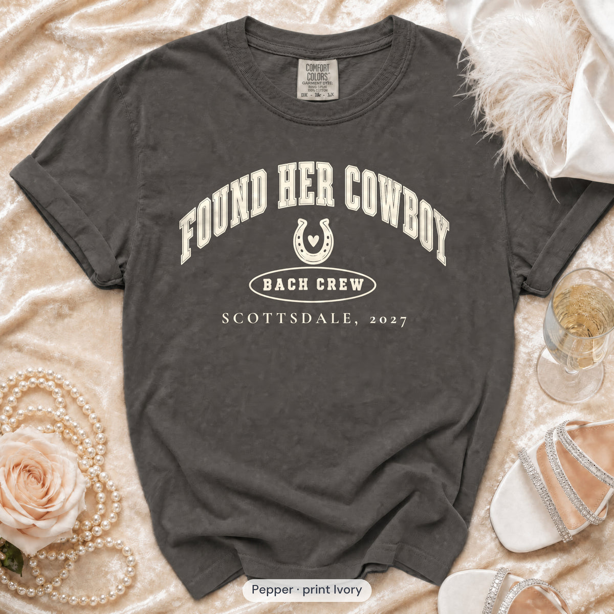 Pepper Found Her Cowboy bachelorette crew t-shirt, print in ivory