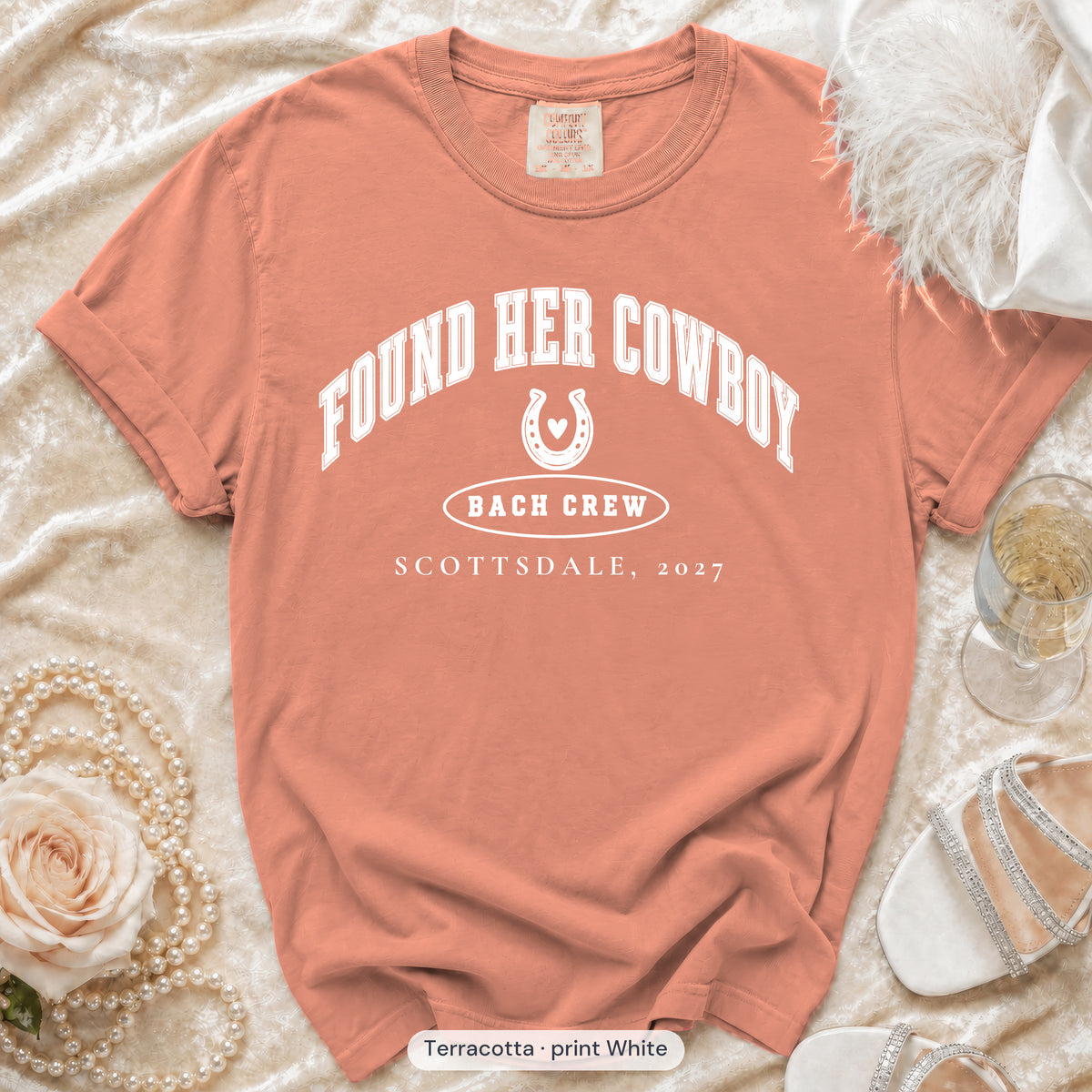 Terracotta Found Her Cowboy bachelorette crew t-shirt, print in white