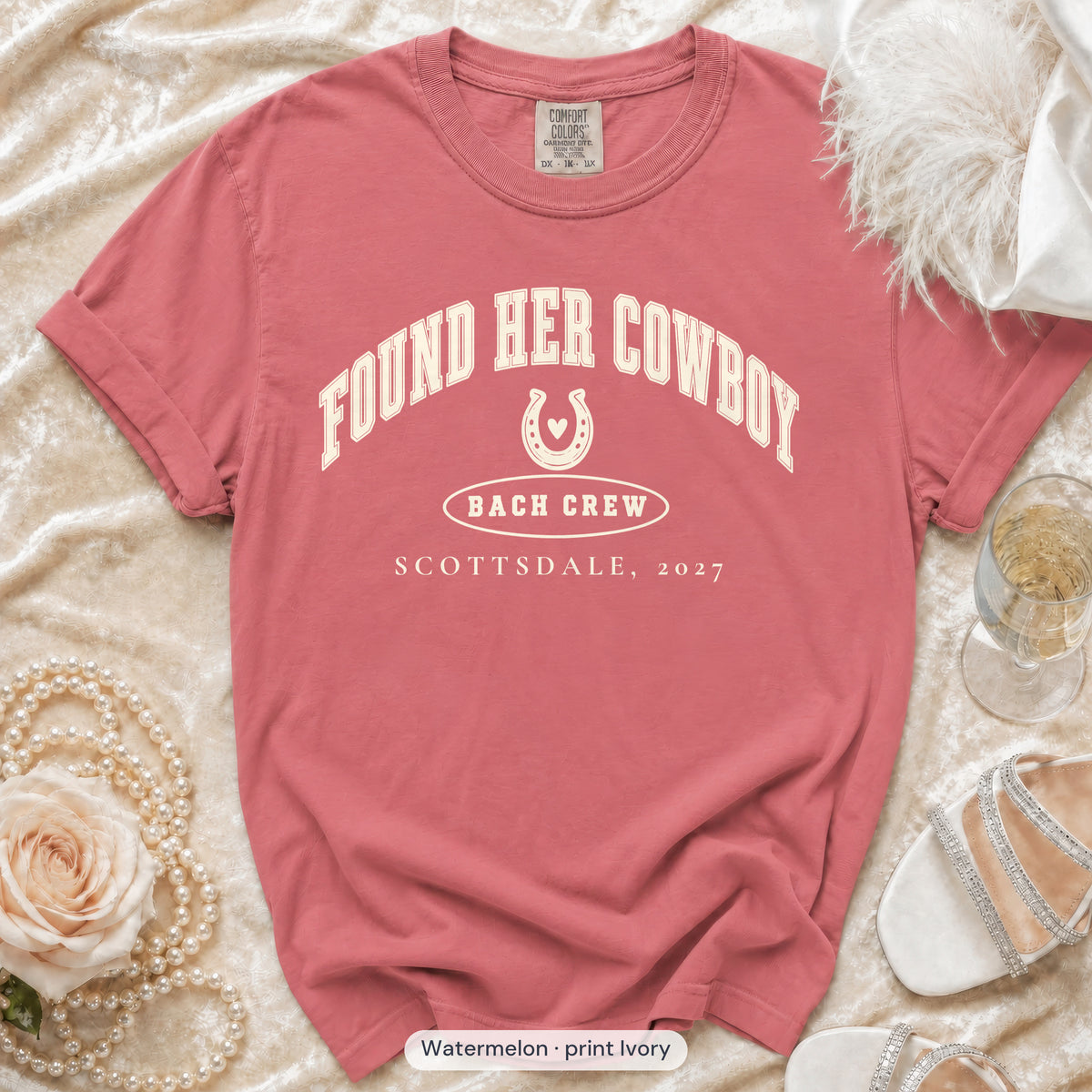 Watermelon Found Her Cowboy bachelorette crew t-shirt, print in ivory