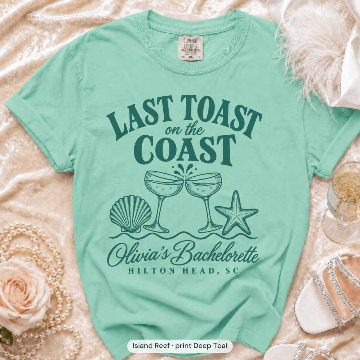 Island Reef Last Toast on the Coast bachelorette t-shirt, print in deep teal