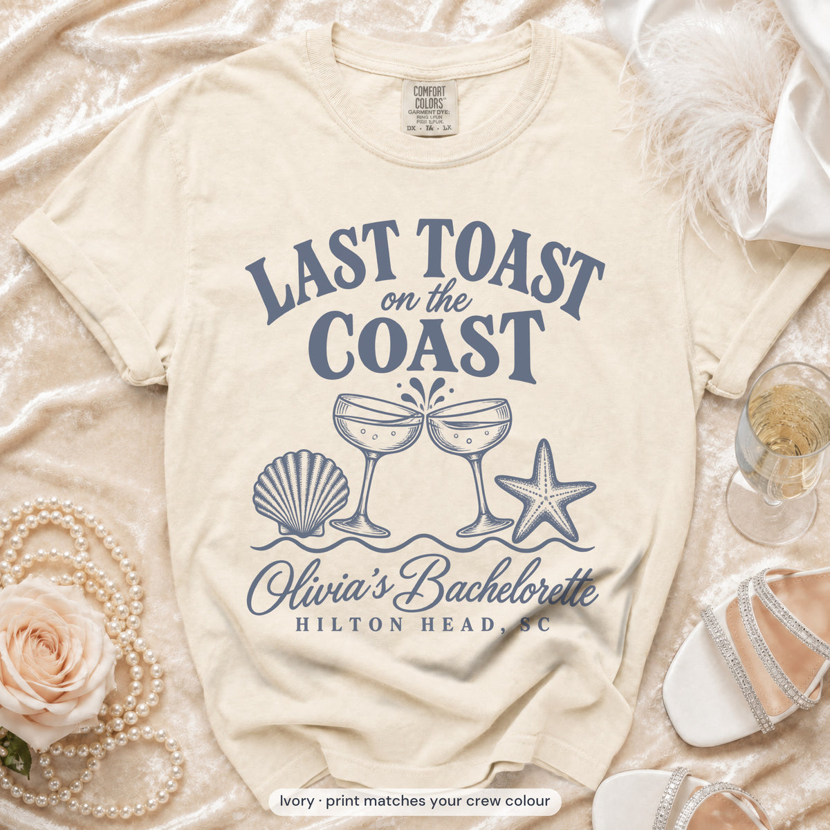 Ivory Last Toast on the Coast bride t-shirt, print matches your crew colour