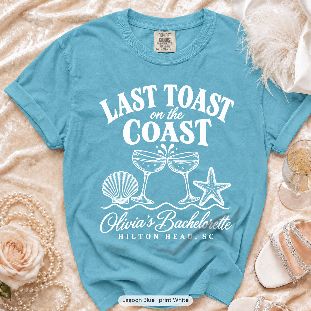 Lagoon Blue Last Toast on the Coast bachelorette t-shirt, print in white