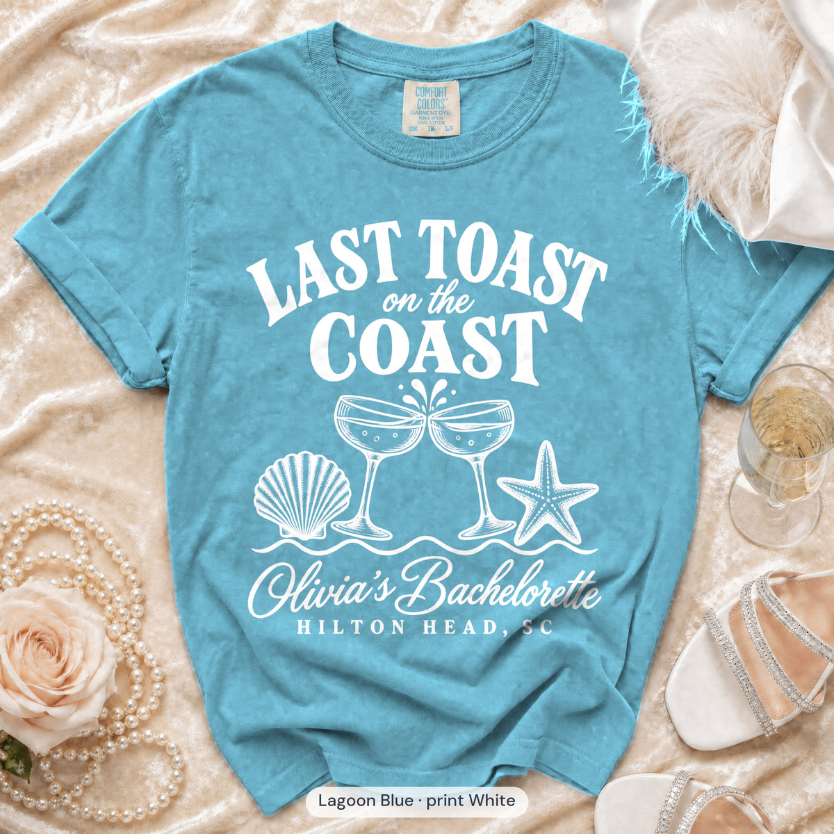 Lagoon Blue Last Toast on the Coast bachelorette t-shirt, print in white