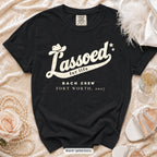 Black Lassoed For Life bachelorette crew t-shirt, print in ivory