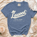 Blue Jean Lassoed For Life bachelorette crew t-shirt, print in ivory