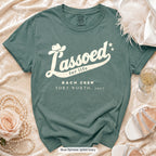 Blue Spruce Lassoed For Life bachelorette crew t-shirt, print in ivory