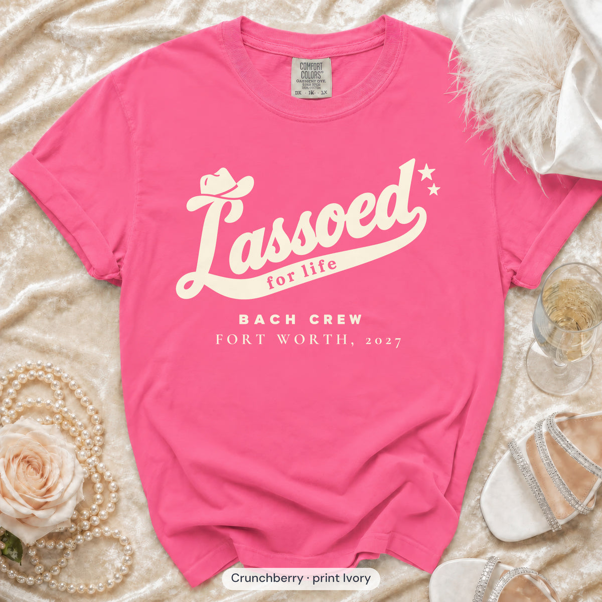 Crunchberry Lassoed For Life bachelorette crew t-shirt, print in ivory