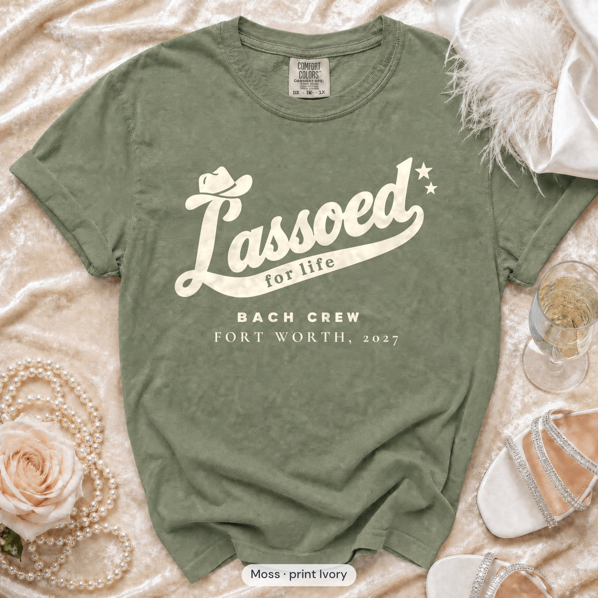 Moss Lassoed For Life bachelorette crew t-shirt, print in ivory