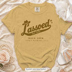 Mustard Lassoed For Life bachelorette crew t-shirt, print in deep mustard