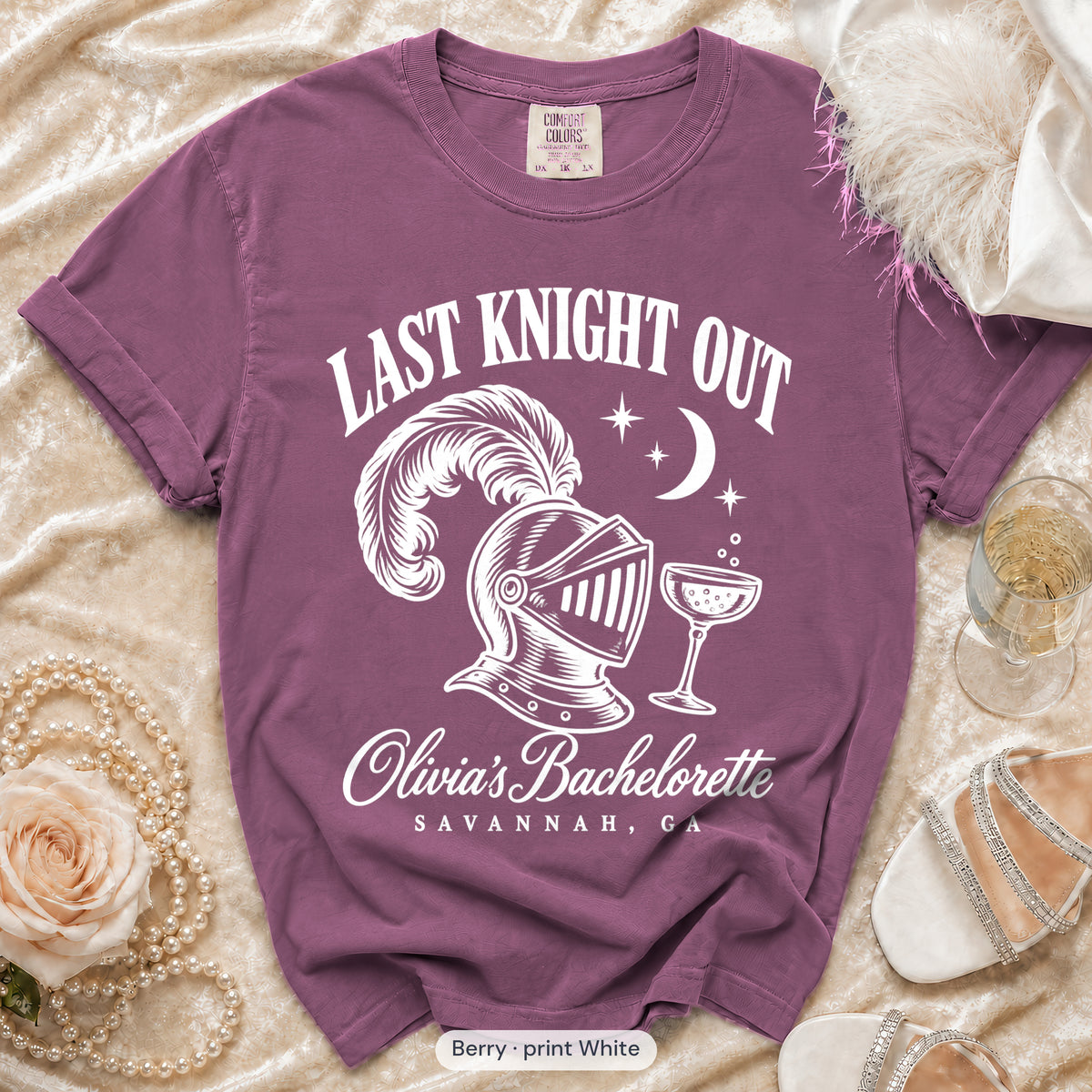 Berry Last Knight Out bachelorette crew t-shirt, print in white