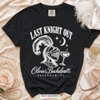 Black Last Knight Out bachelorette crew t-shirt, print in white