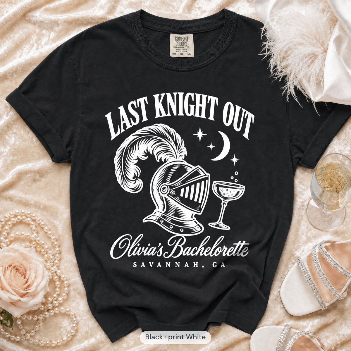 Black Last Knight Out bachelorette crew t-shirt, print in white