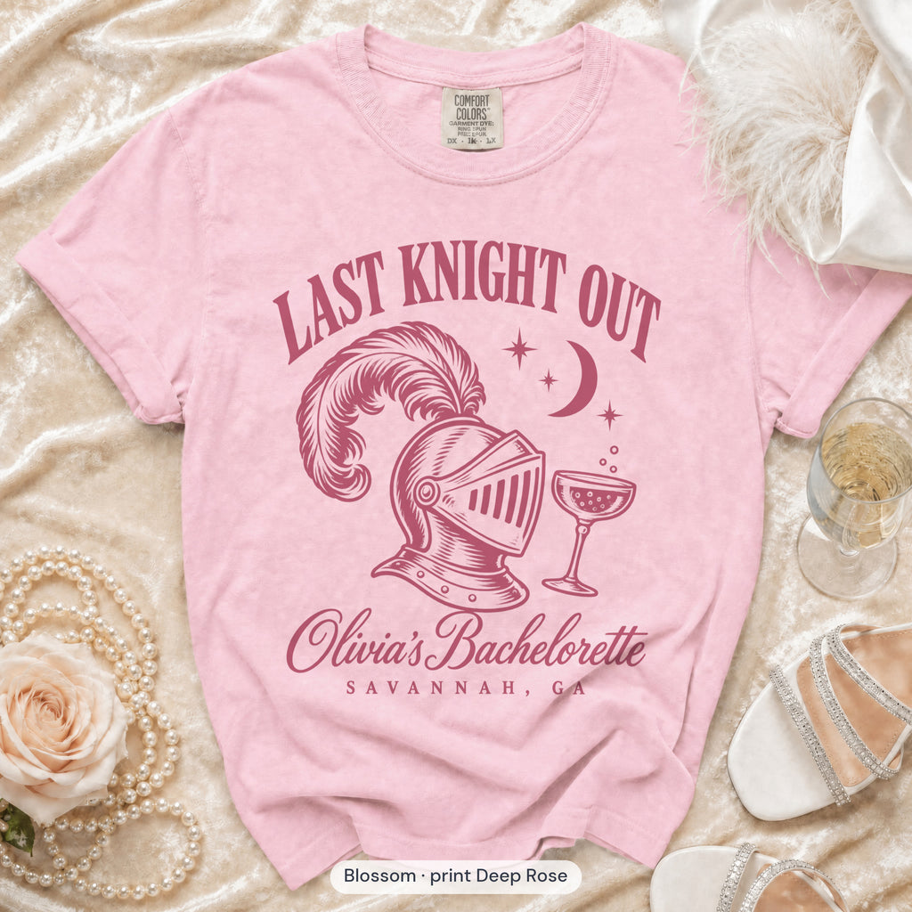 Blossom Last Knight Out bachelorette crew t-shirt, print in deep rose