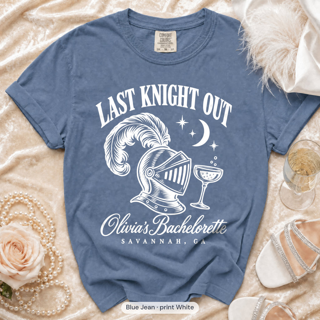 Blue Jean Last Knight Out bachelorette crew t-shirt, print in white