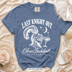 Blue Jean Last Knight Out bachelorette crew t-shirt, print in white