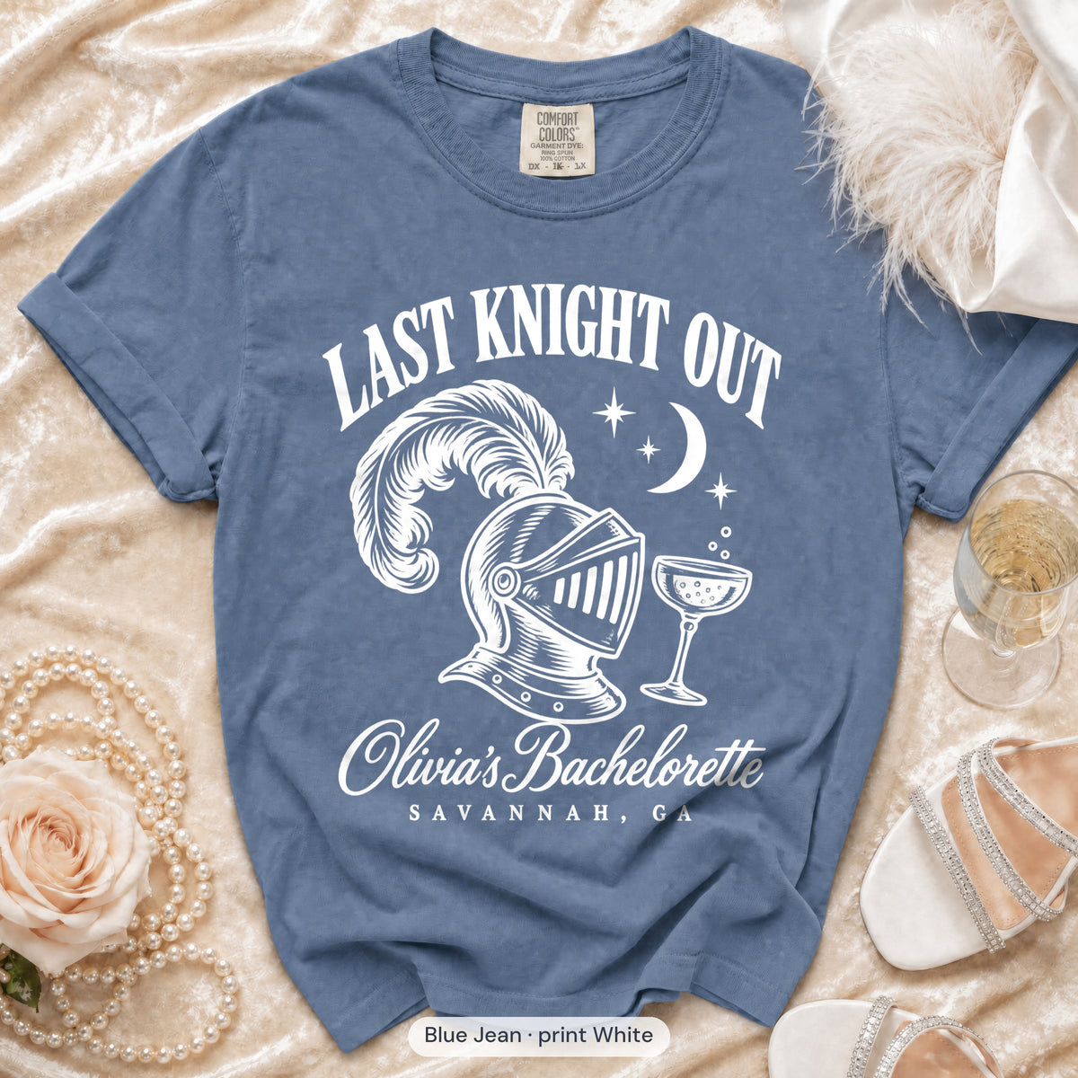 Blue Jean Last Knight Out bachelorette crew t-shirt, print in white
