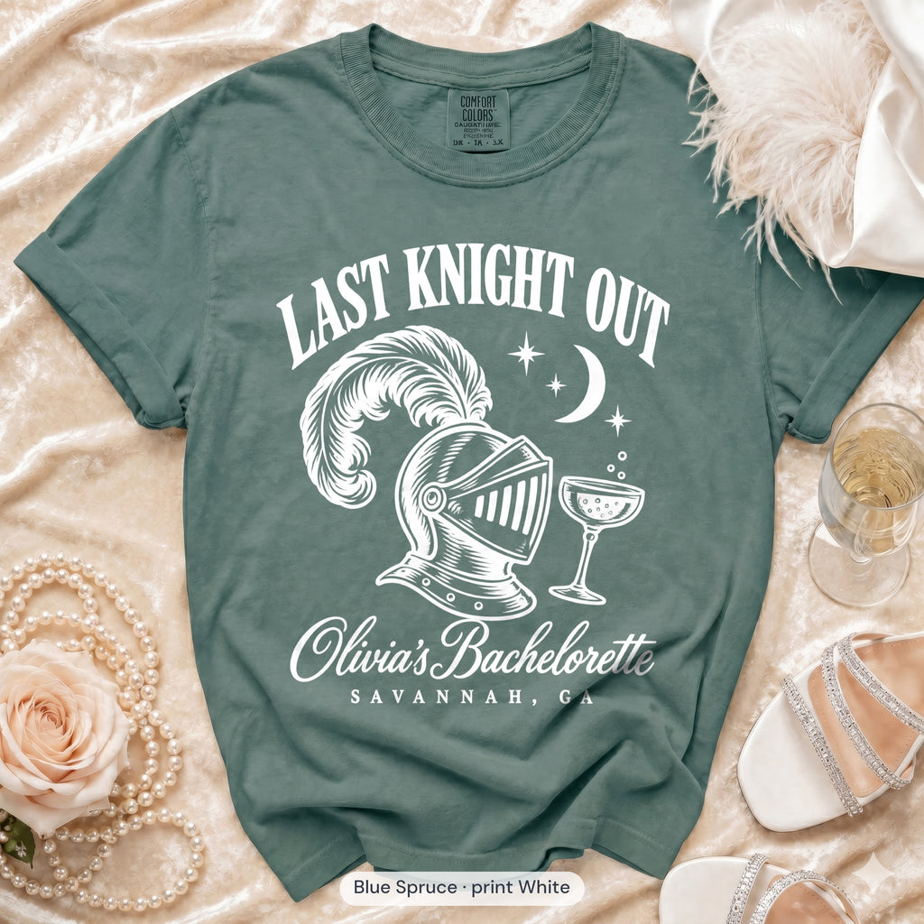 Blue Spruce Last Knight Out bachelorette crew t-shirt, print in white