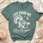 Blue Spruce Last Knight Out bachelorette crew t-shirt, print in white