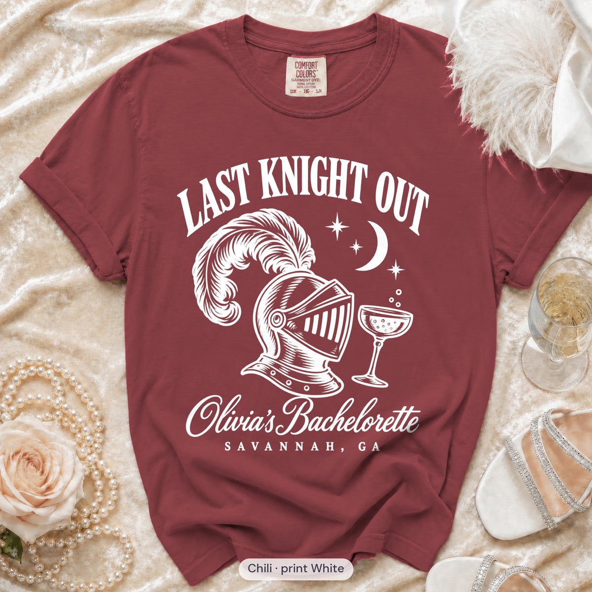 Chili Last Knight Out bachelorette crew t-shirt, print in white