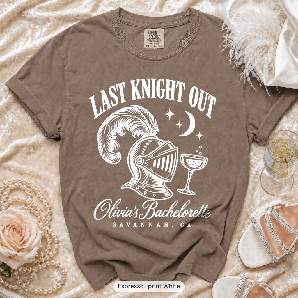 Espresso Last Knight Out bachelorette crew t-shirt, print in white