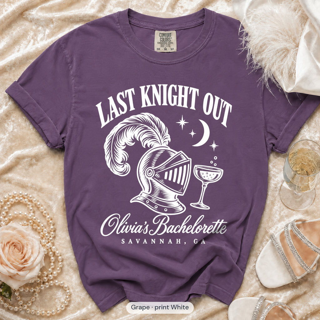 Grape Last Knight Out bachelorette crew t-shirt, print in white