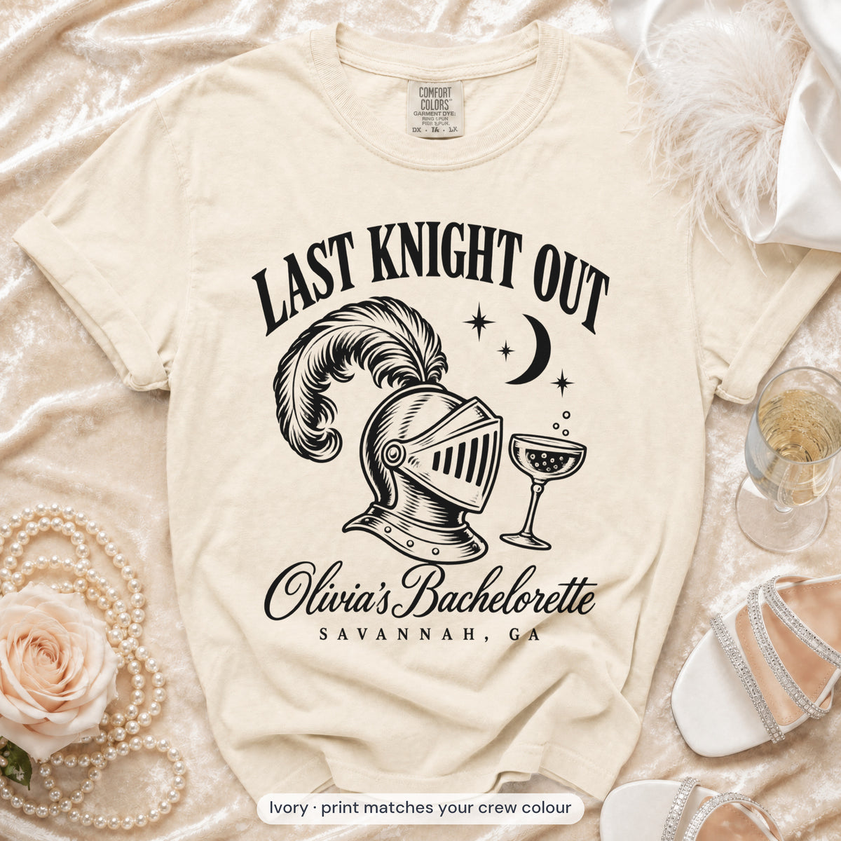 Ivory Last Knight Out bride t-shirt, print matches your crew colour