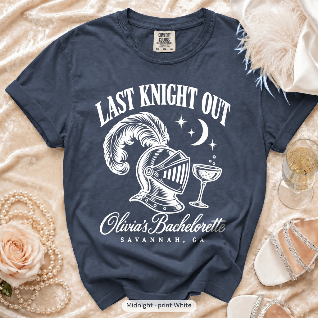 Midnight Last Knight Out bachelorette crew t-shirt, print in white