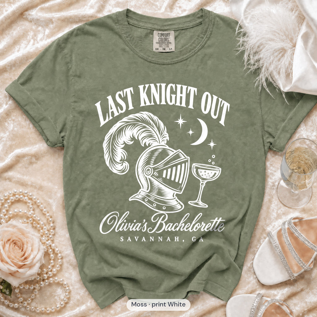 Moss Last Knight Out bachelorette crew t-shirt, print in white